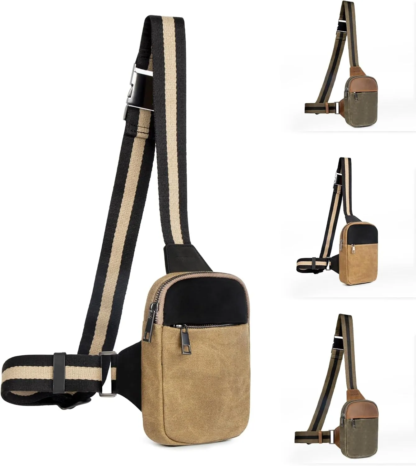 DOMAT Crossbody Bag For Men, Retro Waxed Canvas Chest Bag Embellished by Leather, Sling Bag with Buckle Strap