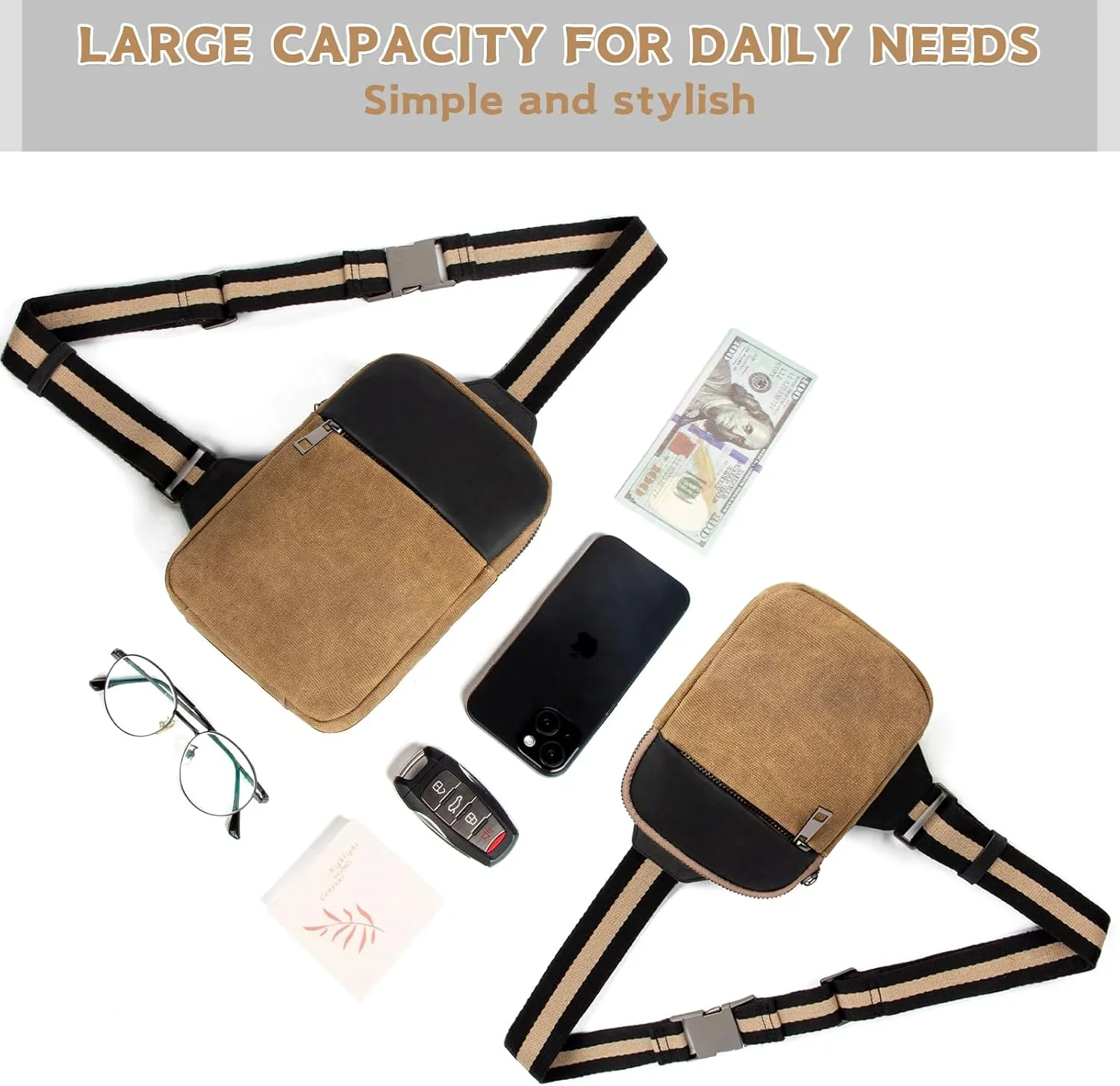 DOMAT Crossbody Bag For Men, Retro Waxed Canvas Chest Bag Embellished by Leather, Sling Bag with Buckle Strap