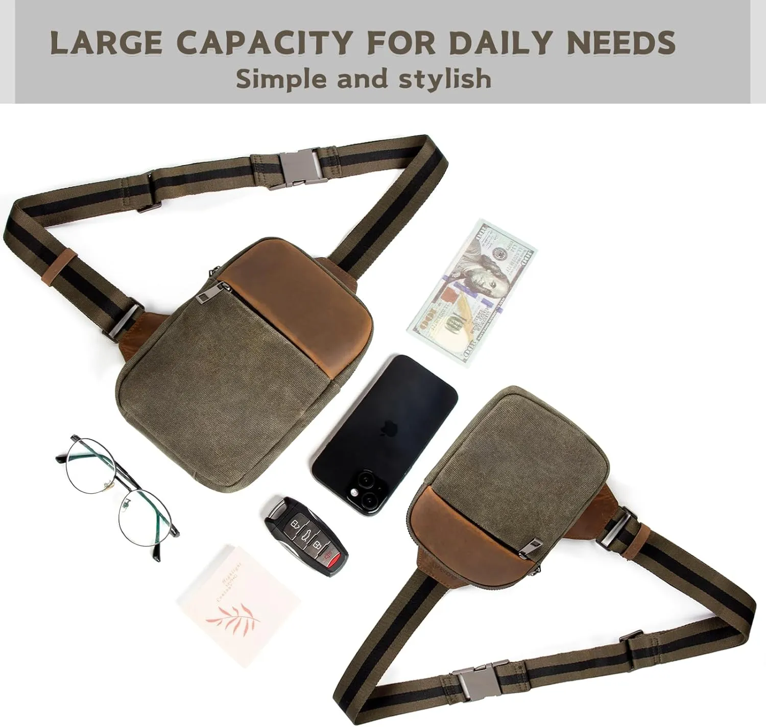 DOMAT Crossbody Bag For Men, Retro Waxed Canvas Chest Bag Embellished by Leather, Sling Bag with Buckle Strap