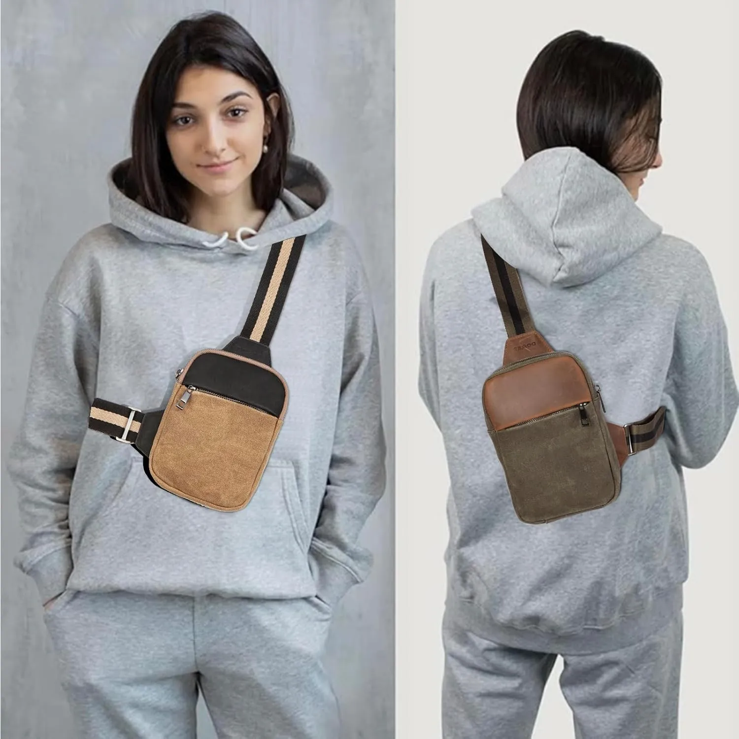 DOMAT Crossbody Bag For Men, Retro Waxed Canvas Chest Bag Embellished by Leather, Sling Bag with Buckle Strap