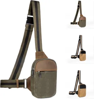DOMAT Crossbody Bag For Men, Retro Waxed Canvas Chest Bag Embellished by Leather, Sling Bag with Buckle Strap