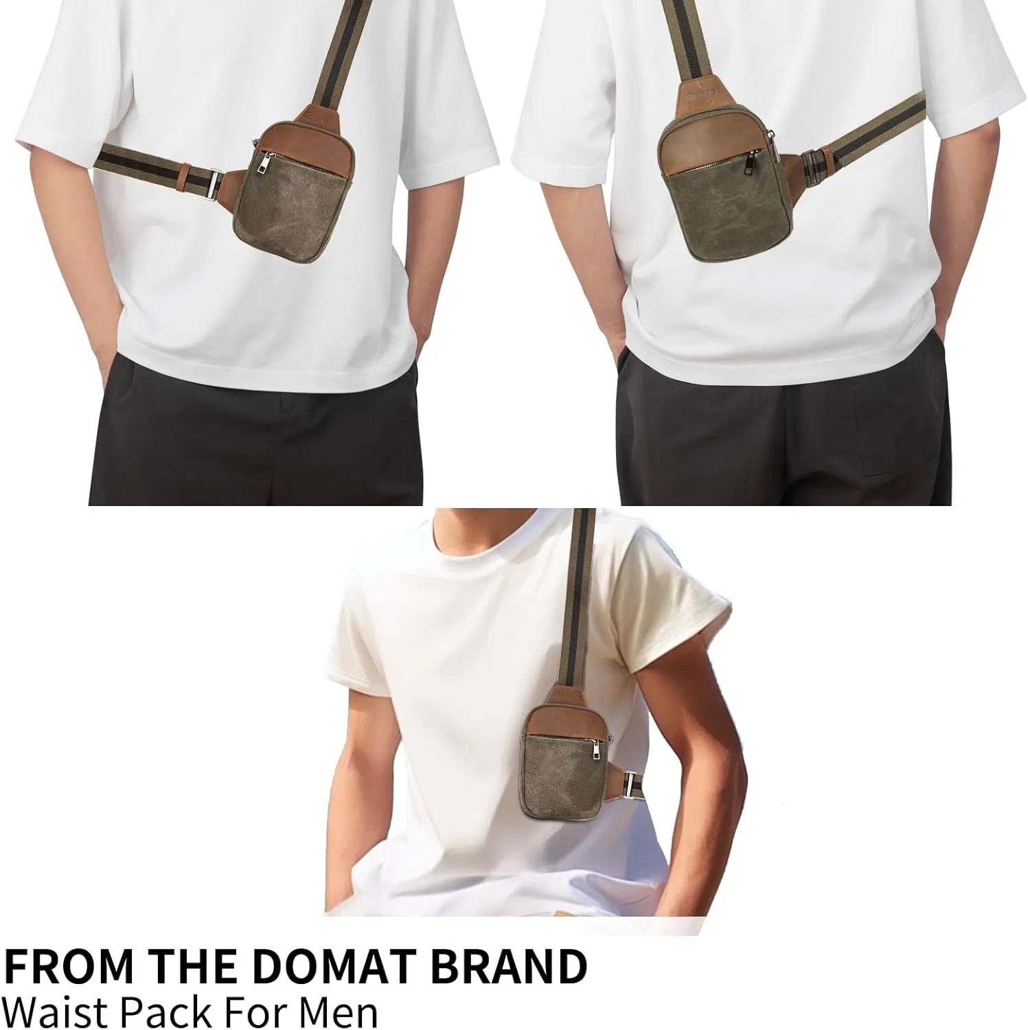 DOMAT Crossbody Bag For Men, Retro Waxed Canvas Chest Bag Embellished by Leather, Sling Bag with Buckle Strap