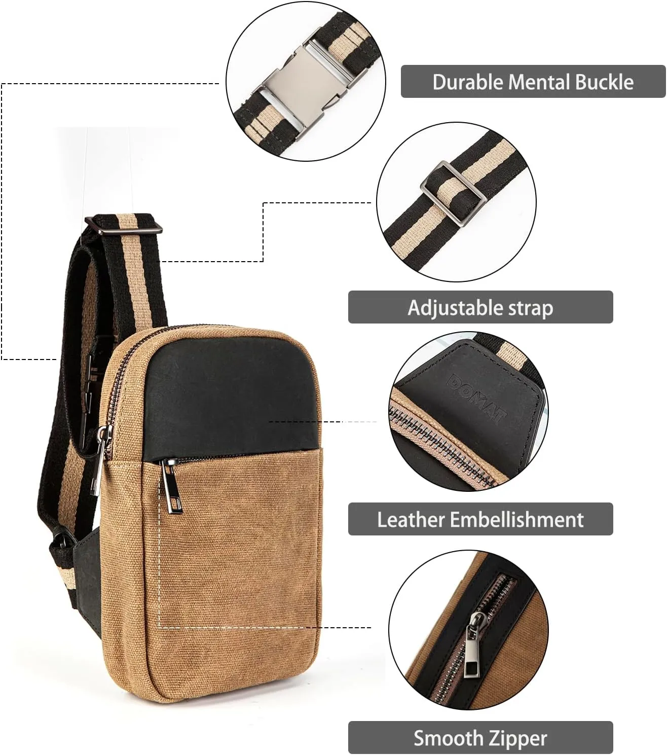 DOMAT Crossbody Bag For Men, Retro Waxed Canvas Chest Bag Embellished by Leather, Sling Bag with Buckle Strap