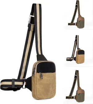 DOMAT Crossbody Bag For Men, Retro Waxed Canvas Chest Bag Embellished by Leather, Sling Bag with Buckle Strap