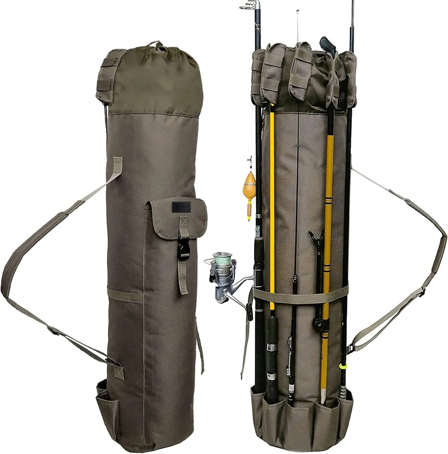 DONQL Fishing Rod Bags Outdoor Fishing Pole Holders Multifunction Camping Portable Canvas Backpack Case Fish Rod Storage Bag Fishing Rod Case Holding 5 Poles & Fishing Tackles (Khaki)