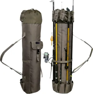 DONQL Fishing Rod Bags Outdoor Fishing Pole Holders Multifunction Camping Portable Canvas Backpack Case Fish Rod Storage Bag Fishing Rod Case Holding 5 Poles & Fishing Tackles (Khaki)