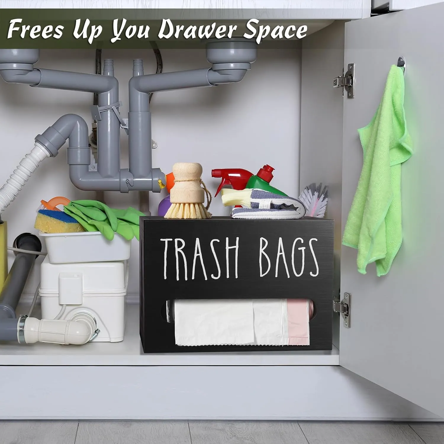 DRASTAR Trash Bag Dispenser, Large Wooden Trash Bag Holder Wall Mount, Black Roll Holder for Plastic Garbage Bags Dispenser Countertop, Under Kitchen Sink Organization