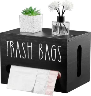 DRASTAR Trash Bag Dispenser, Large Wooden Trash Bag Holder Wall Mount, Black Roll Holder for Plastic Garbage Bags Dispenser Countertop, Under Kitchen Sink Organization
