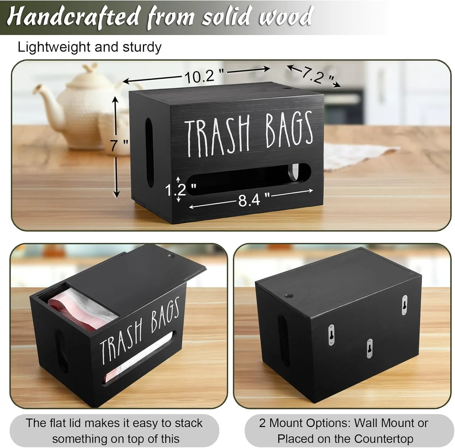 DRASTAR Trash Bag Dispenser, Large Wooden Trash Bag Holder Wall Mount, Black Roll Holder for Plastic Garbage Bags Dispenser Countertop, Under Kitchen Sink Organization