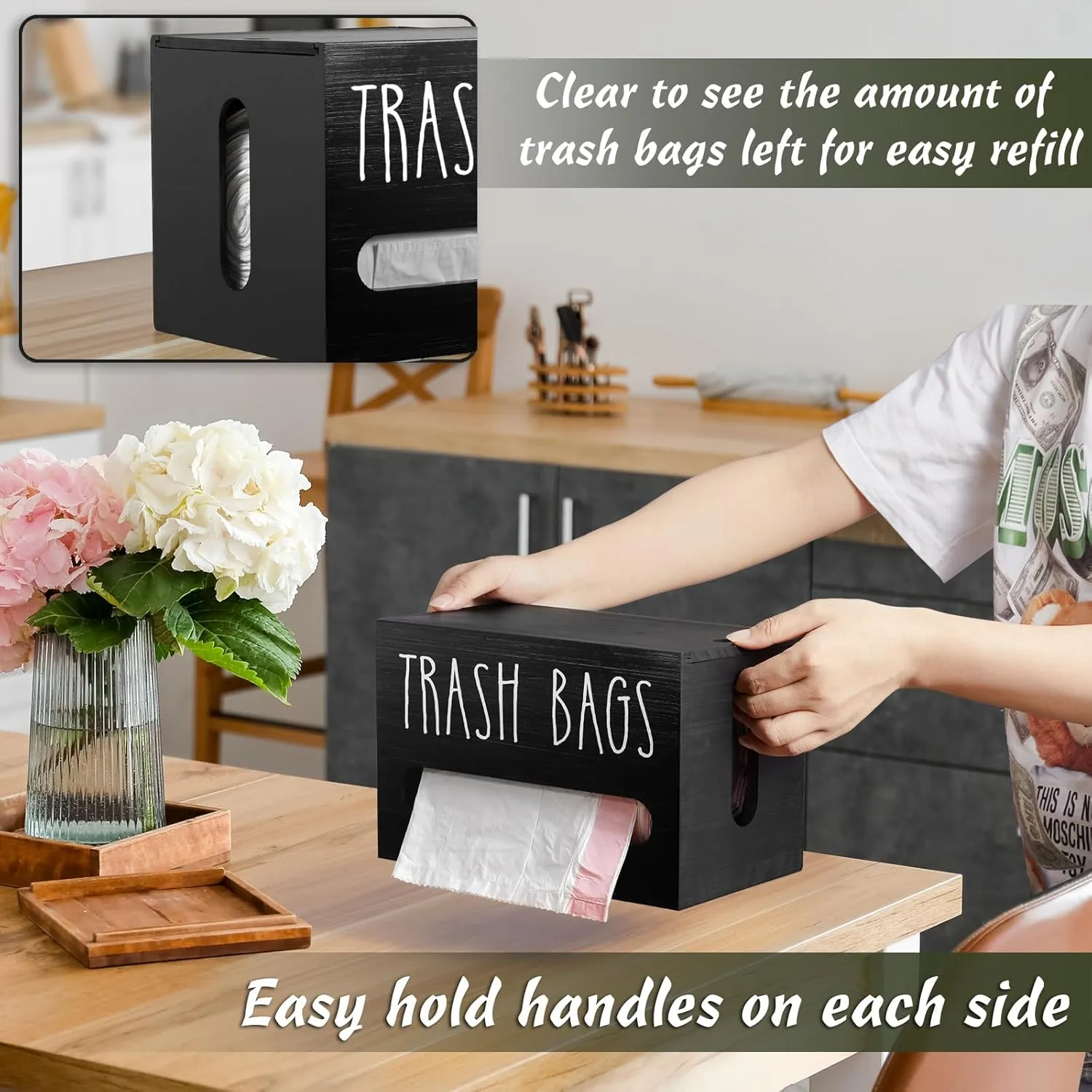 DRASTAR Trash Bag Dispenser, Large Wooden Trash Bag Holder Wall Mount, Black Roll Holder for Plastic Garbage Bags Dispenser Countertop, Under Kitchen Sink Organization