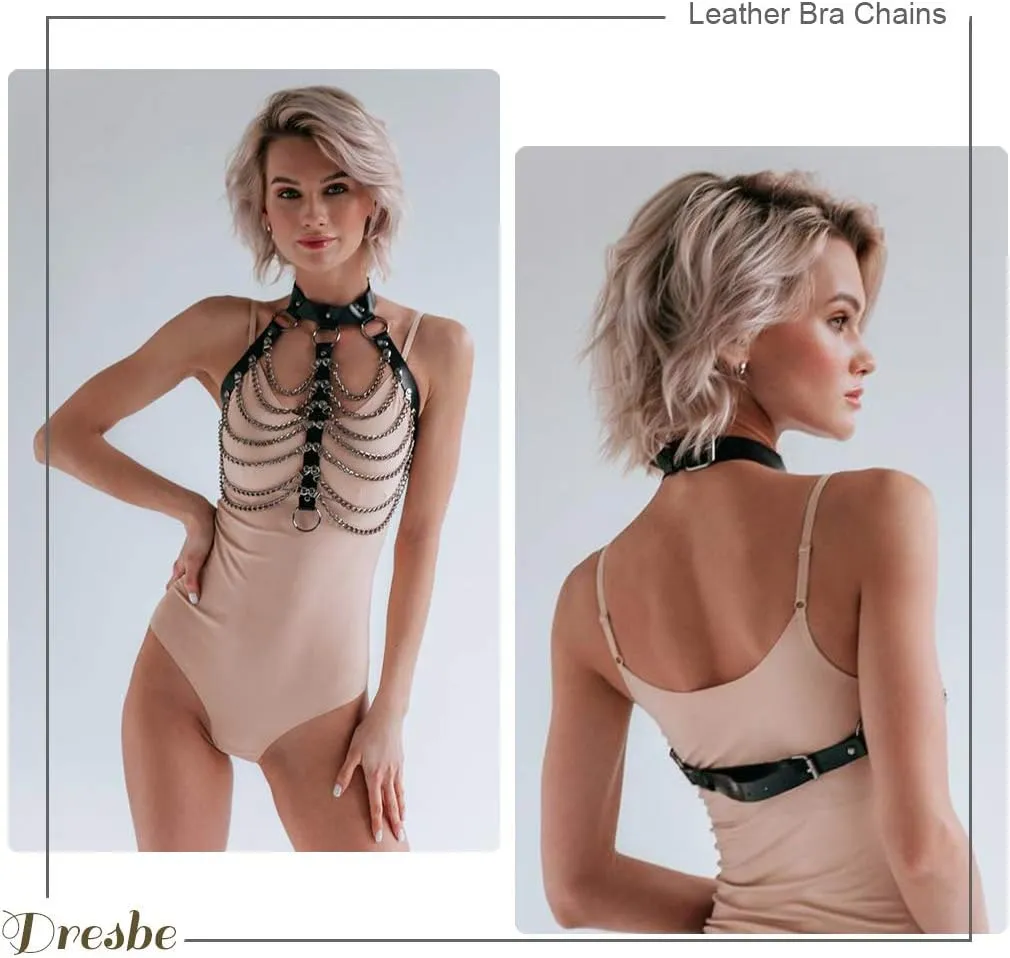 DRESBE Punk Layered Body Chain Black Leather Bra Caged Harness Choker Bra Chains Gothic