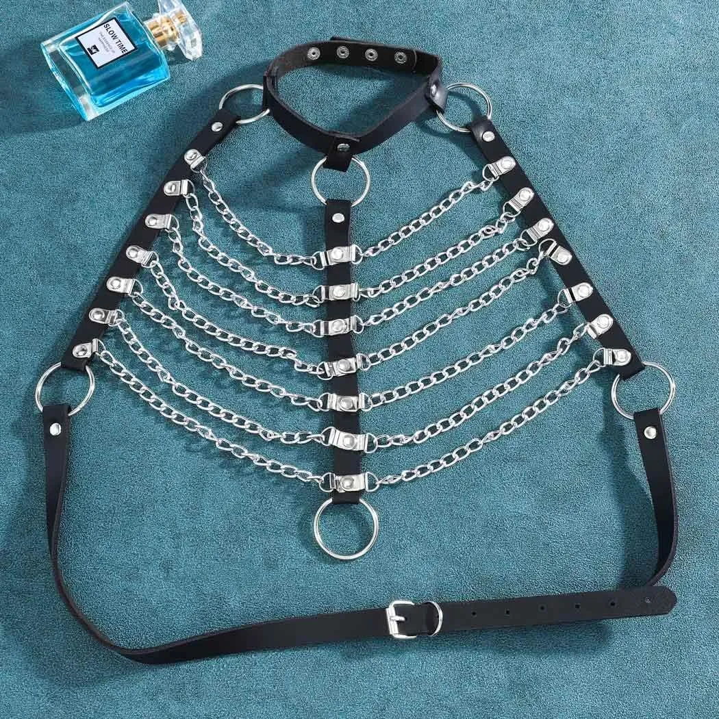 DRESBE Punk Layered Body Chain Black Leather Bra Caged Harness Choker Bra Chains Gothic
