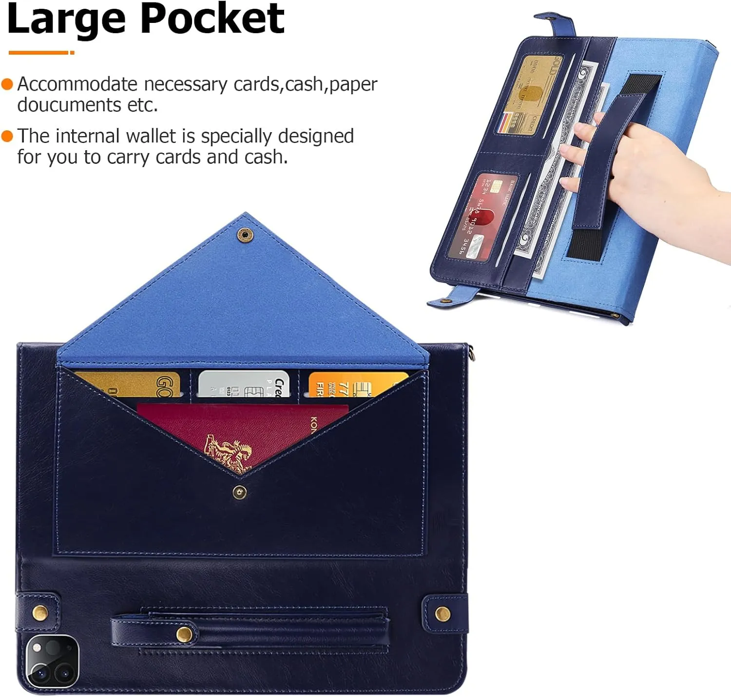 Dteck PU Leather Case for Apple iPad Pro 13" M4 (2024), Durable Folio Case with Card Slots & Pockets & Pen Holder & Stand Function, Protective Crossbody Tablet Case for iPad with Shoulder Strap, Blue
