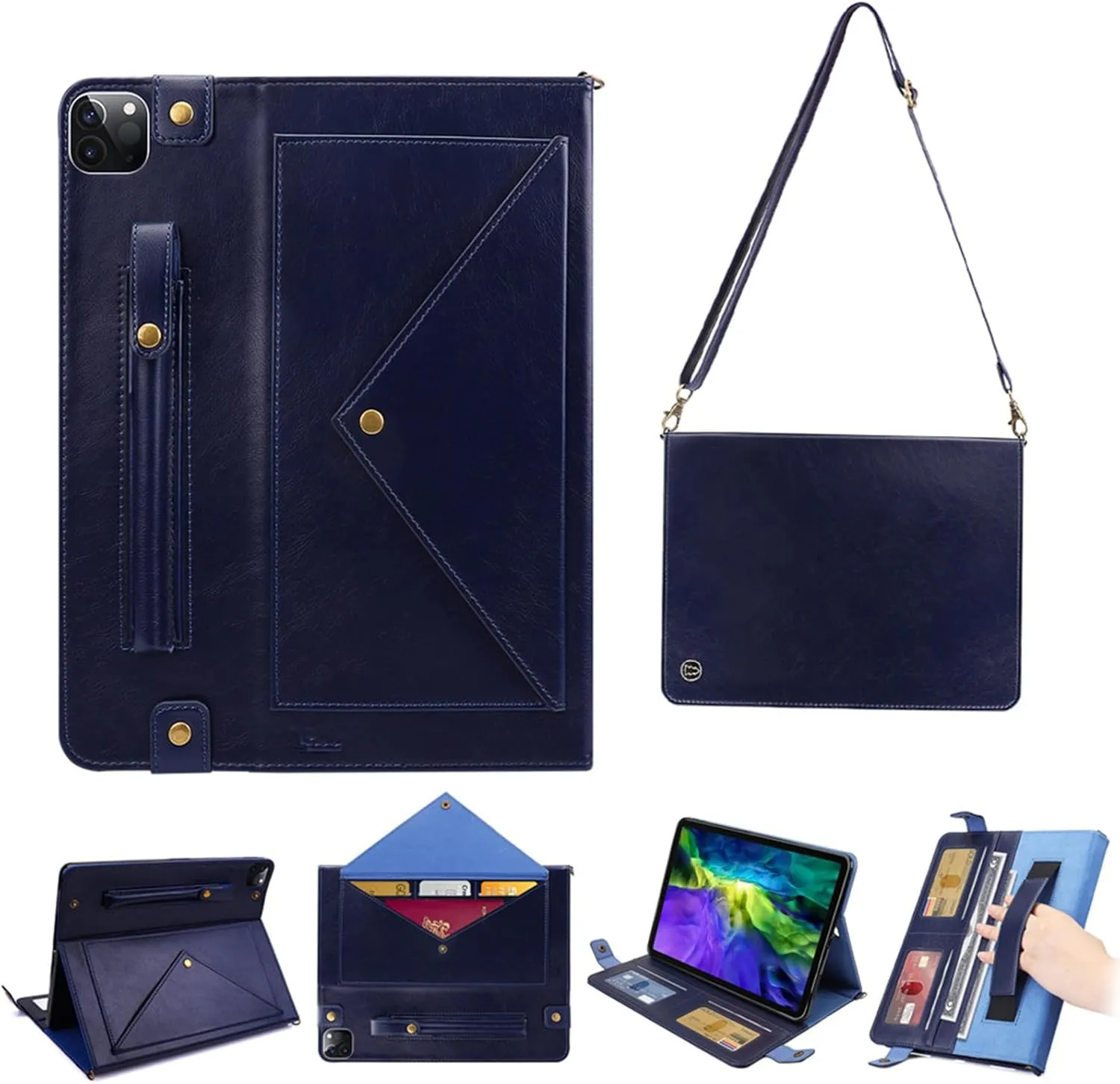 Dteck PU Leather Case for Apple iPad Pro 13" M4 (2024), Durable Folio Case with Card Slots & Pockets & Pen Holder & Stand Function, Protective Crossbody Tablet Case for iPad with Shoulder Strap, Blue