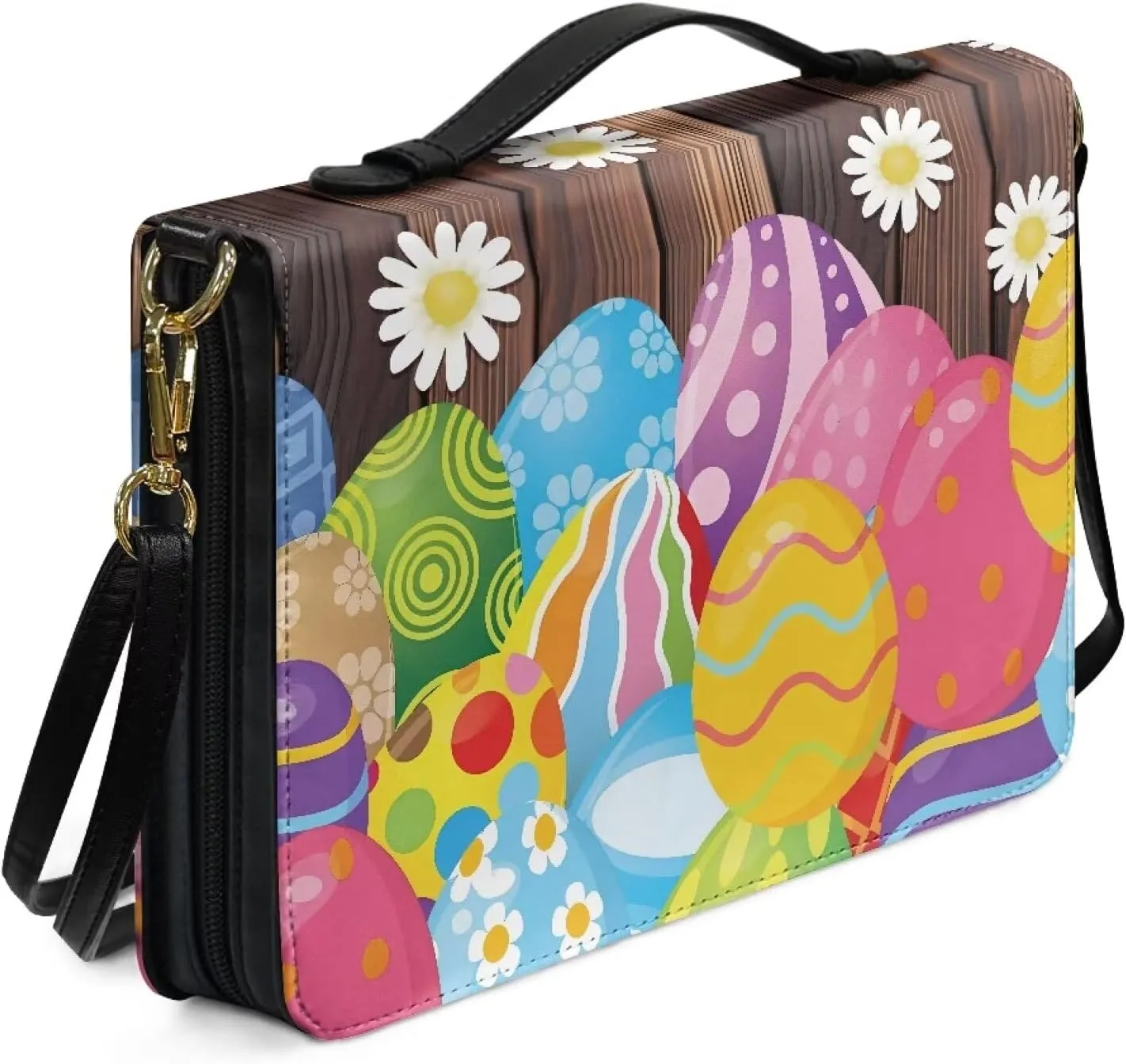 Easter Assorted Eggs Daisy Flower Prints Pu Leather Bible Cover for Men Women Lightweight Bible Accessories with Detachable Strap Christian Gift for Christian, XL