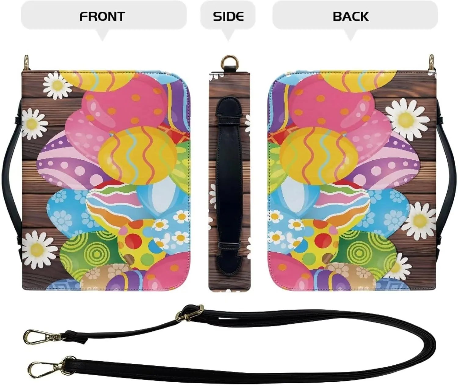 Easter Assorted Eggs Daisy Flower Prints Pu Leather Bible Cover for Men Women Lightweight Bible Accessories with Detachable Strap Christian Gift for Christian, XL