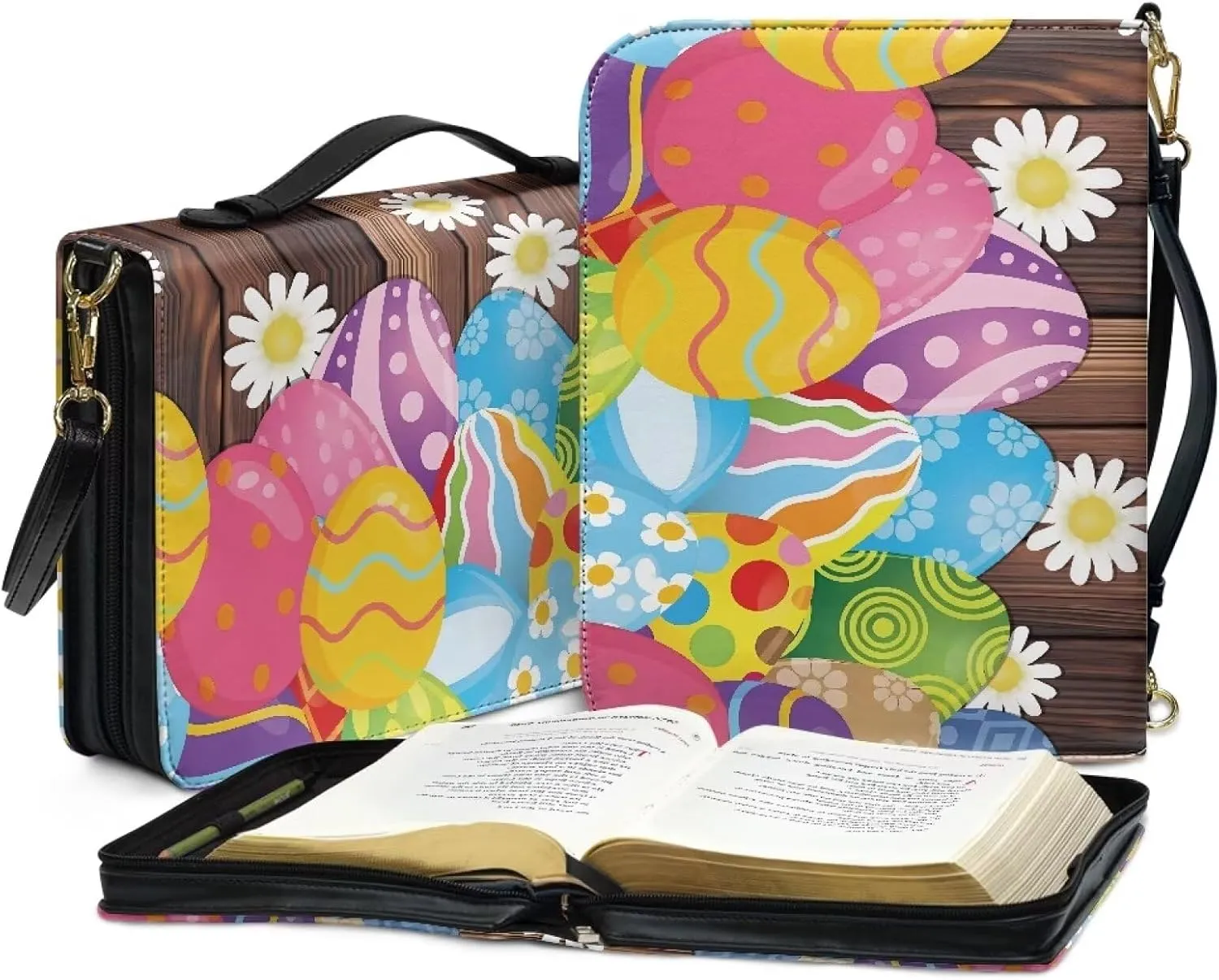 Easter Assorted Eggs Daisy Flower Prints Pu Leather Bible Cover for Men Women Lightweight Bible Accessories with Detachable Strap Christian Gift for Christian, XL