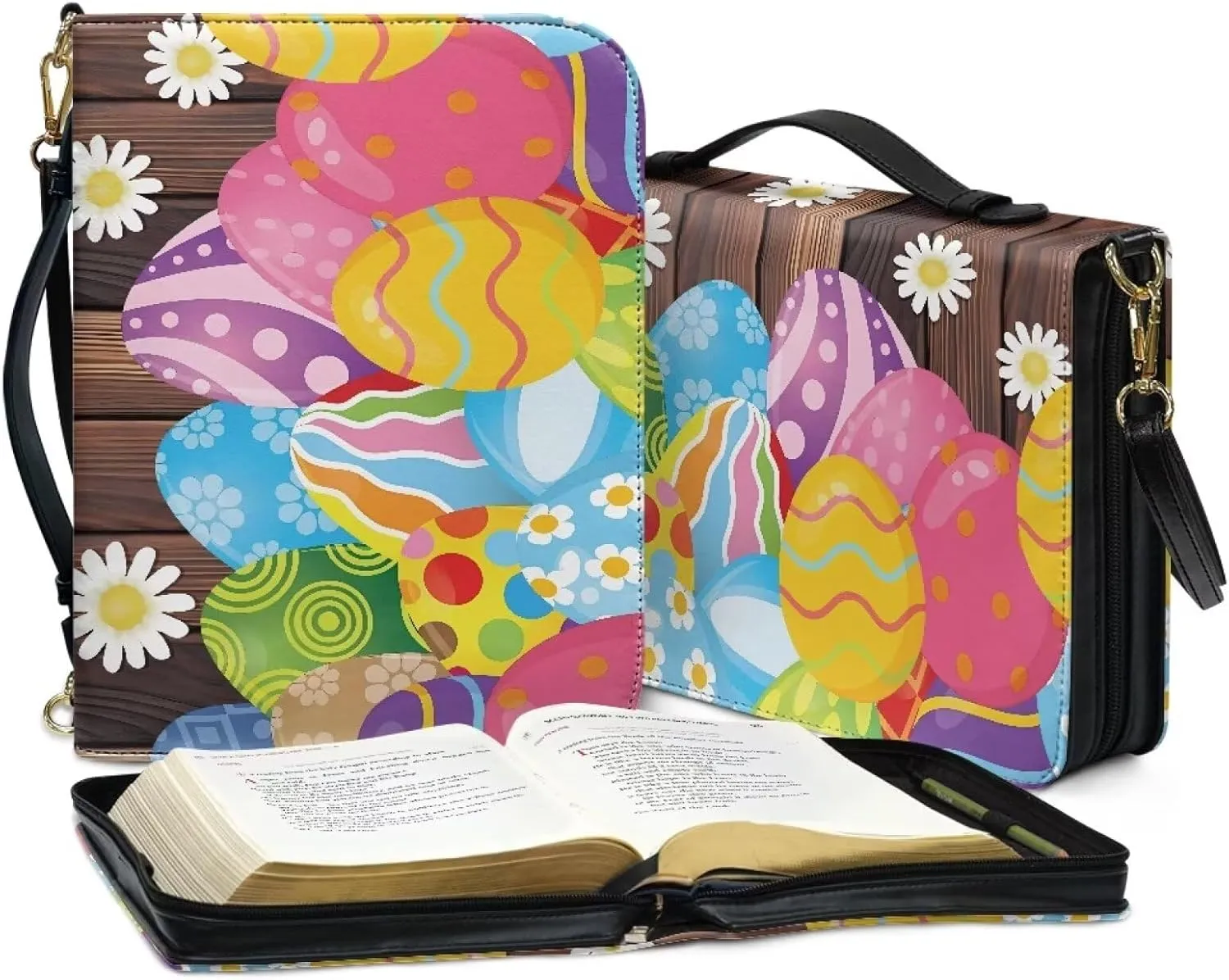 Easter Assorted Eggs Daisy Flower Prints Pu Leather Bible Cover for Men Women Lightweight Bible Accessories with Detachable Strap Christian Gift for Christian, XL