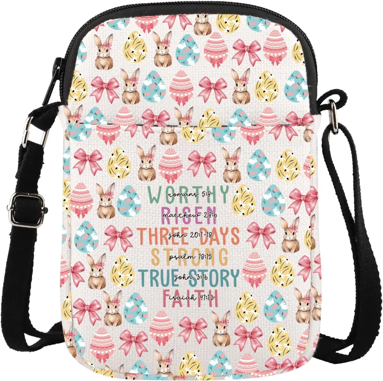 Easter Bunny Crossbody Bag Christian Religious Gift Bible Verse Gift Worthy Risen Three Days Strong True Story Faith Bag
