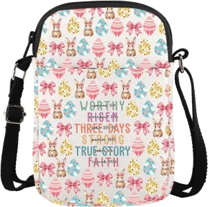 Easter Bunny Crossbody Bag Christian Religious Gift Bible Verse Gift Worthy Risen Three Days Strong True Story Faith Bag