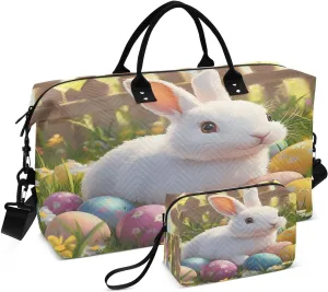 Easter Eggs and Cute Rabbits Travel Duffel Bags 2PCS,Sports Duffel Bags for Men Women,Weekender Overnight Bag Gym Tote Bag with Toiletry Bag