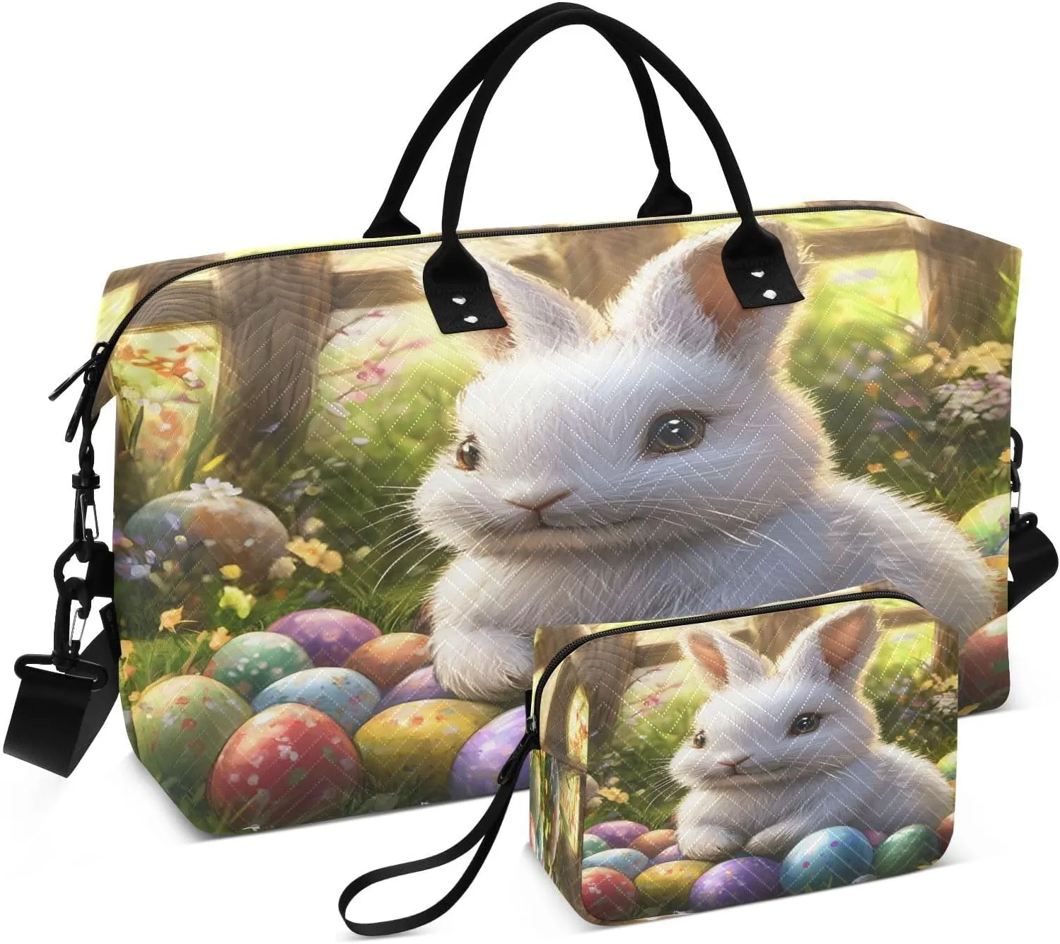 Easter Eggs and Cute Rabbits Travel Duffel Bags 2PCS,Sports Duffel Bags for Men Women,Weekender Overnight Bag Gym Tote Bag with Toiletry Bag