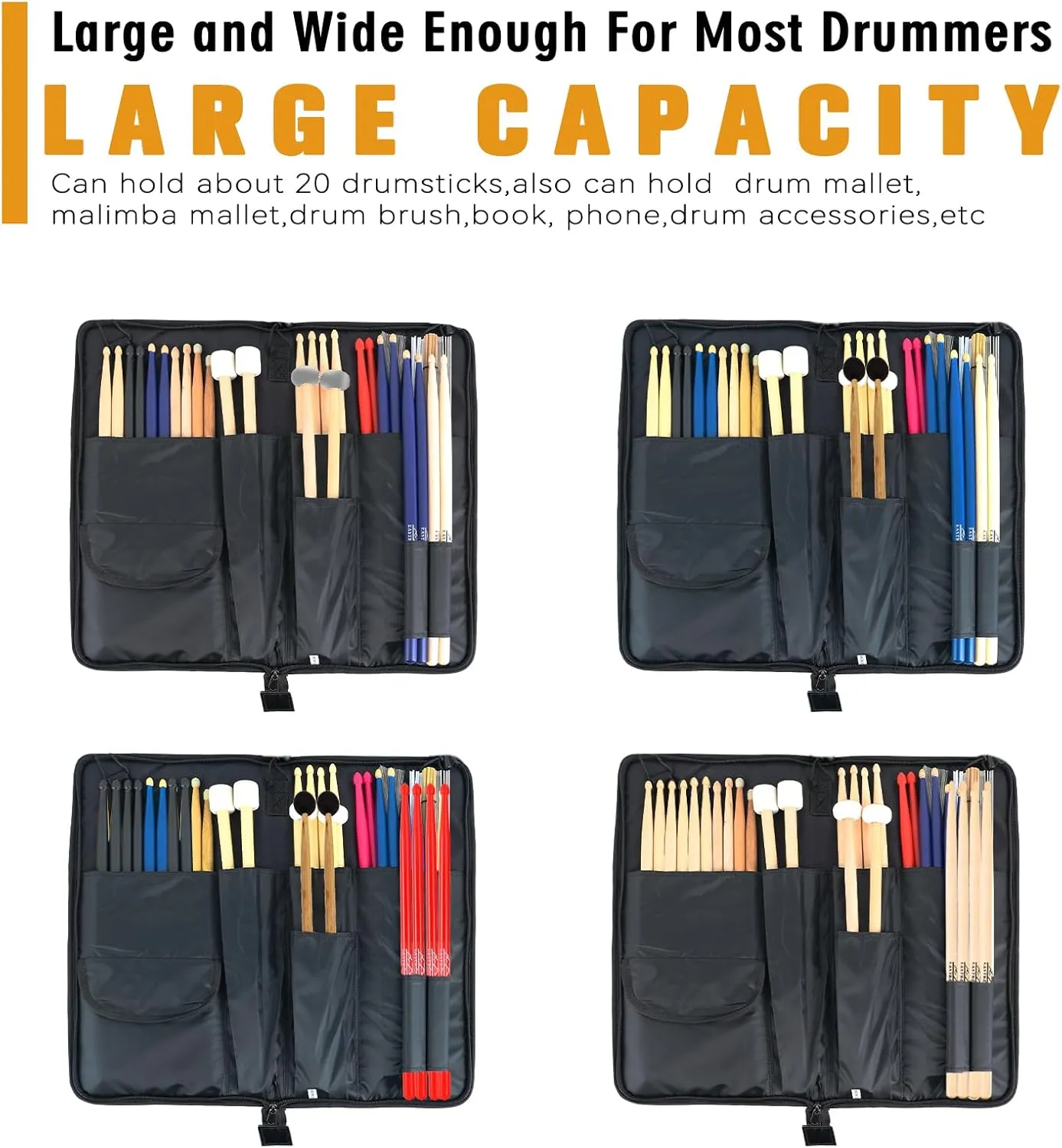 EASTROCK Drumsticks Bag Holder Thickened Large Capacity Drum Sticks Bag with Carrying Strap for Drumsticks Brushes Mallets,Holds Up to 20 drumsticks (Black)