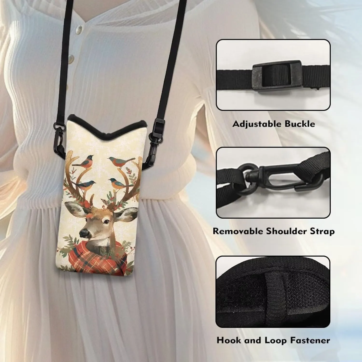 Elk Bird Print Women Men Top Opening Crossbody Bag Compact Cell Phone Shoulder Travel Cell Phone Purse with Adjustable Strap Mobile Phone Bag