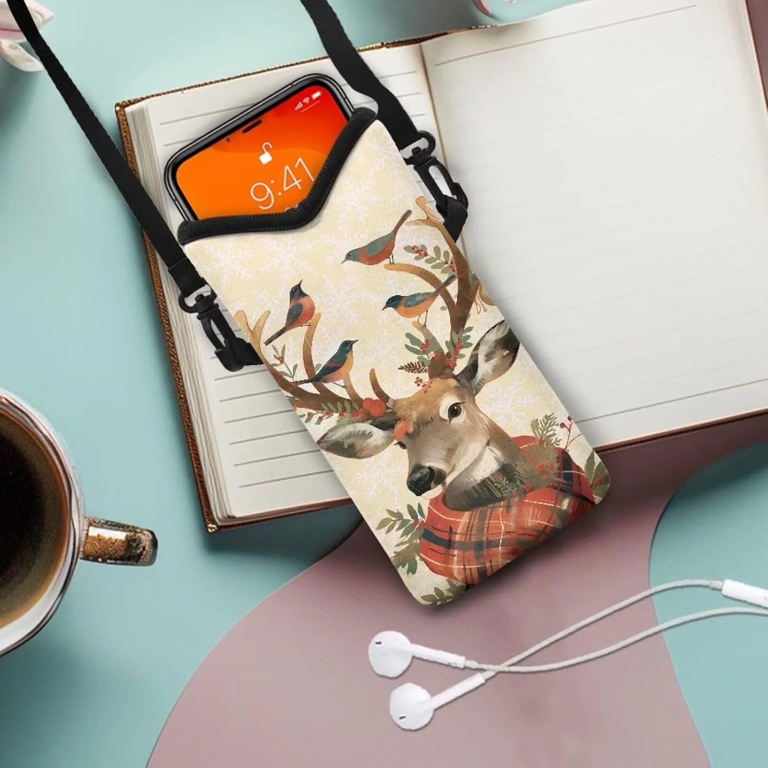 Elk Bird Print Women Men Top Opening Crossbody Bag Compact Cell Phone Shoulder Travel Cell Phone Purse with Adjustable Strap Mobile Phone Bag