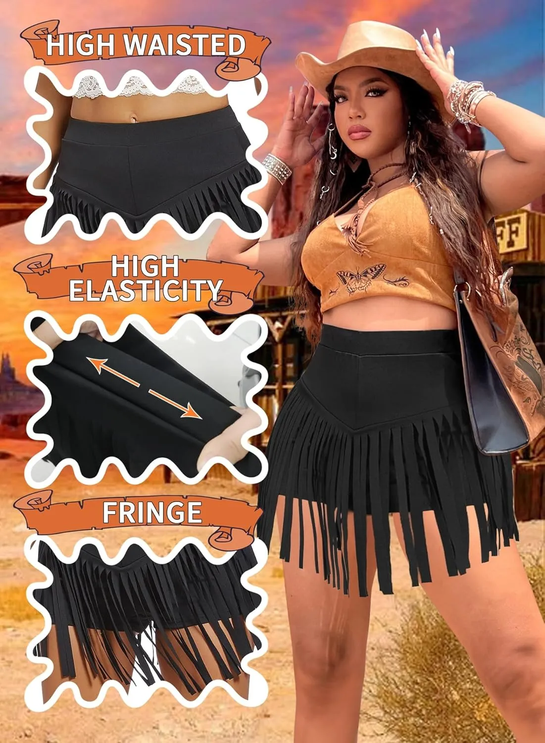 Ella Lust Womens Plus Size Cowgirl Fringe Shorts - Western Country Concert Outfits Tassel Skirt High Waisted Booty Bottoms