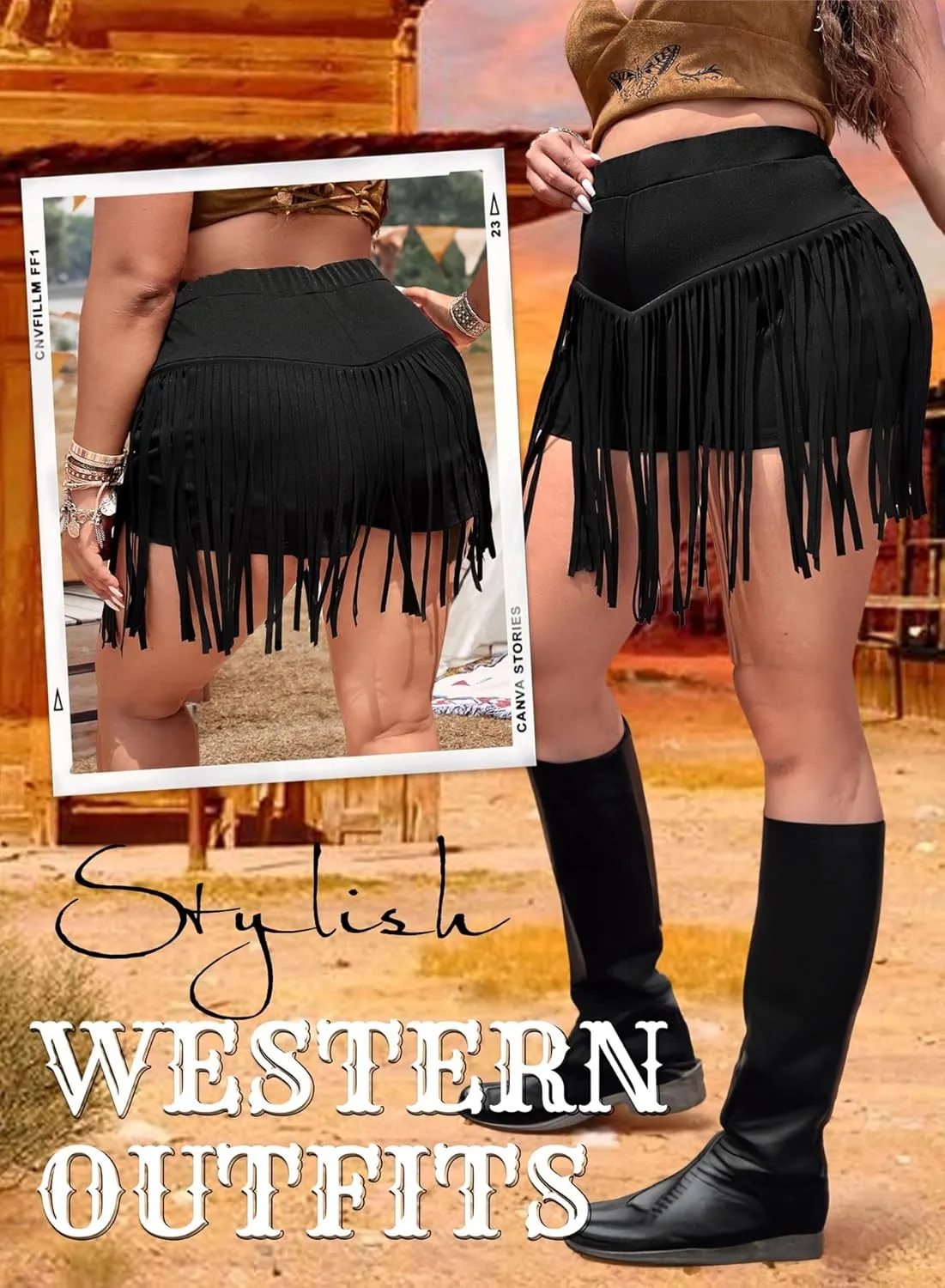 Ella Lust Womens Plus Size Cowgirl Fringe Shorts - Western Country Concert Outfits Tassel Skirt High Waisted Booty Bottoms