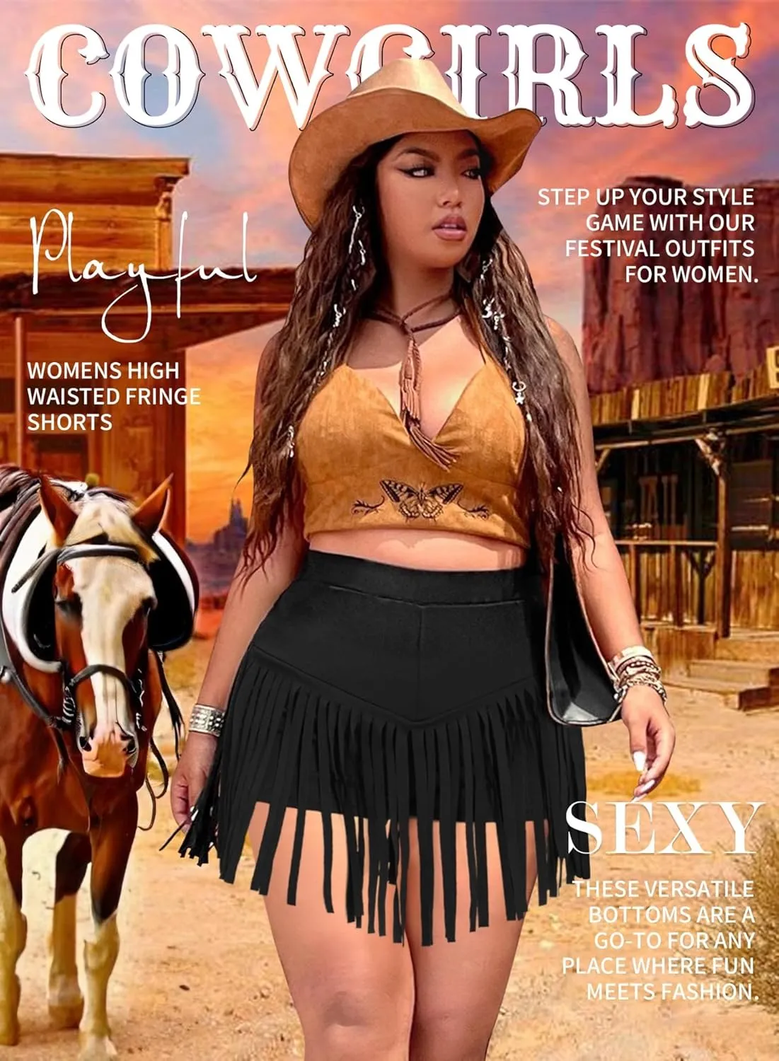 Ella Lust Womens Plus Size Cowgirl Fringe Shorts - Western Country Concert Outfits Tassel Skirt High Waisted Booty Bottoms