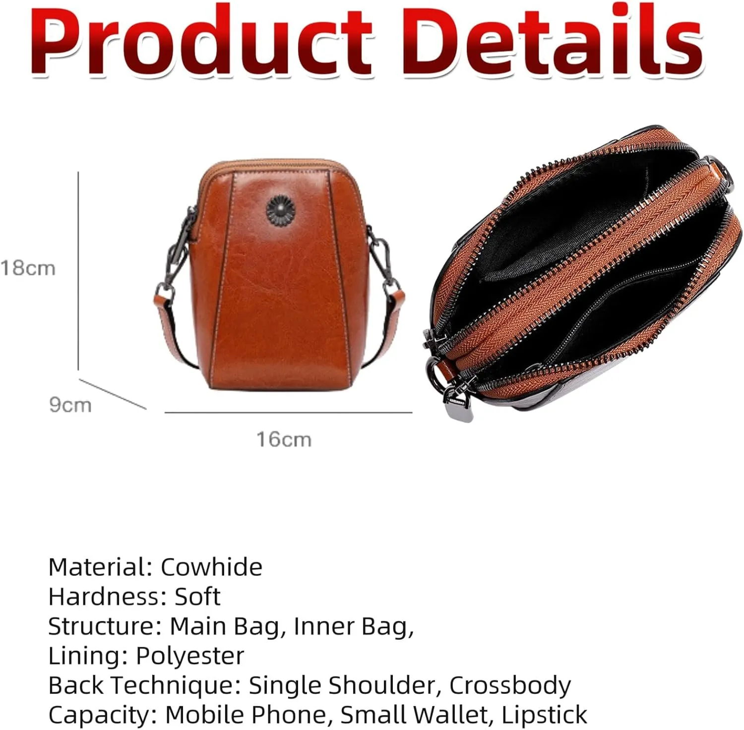 Elmyse Small Crossbody Bag Leather, Genuine Leather Purses for Women, Retro All-Match Vertical Cellphone Bag