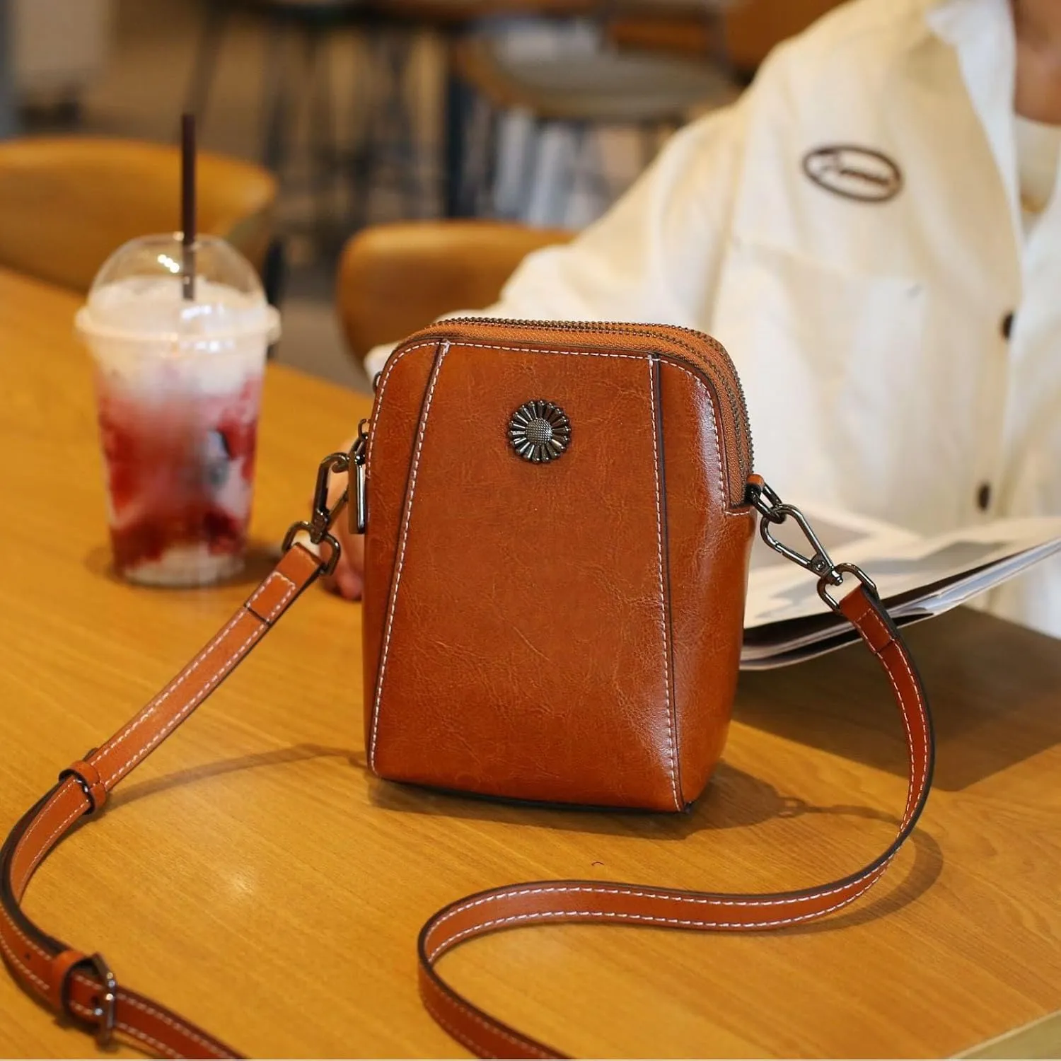 Elmyse Small Crossbody Bag Leather, Genuine Leather Purses for Women, Retro All-Match Vertical Cellphone Bag