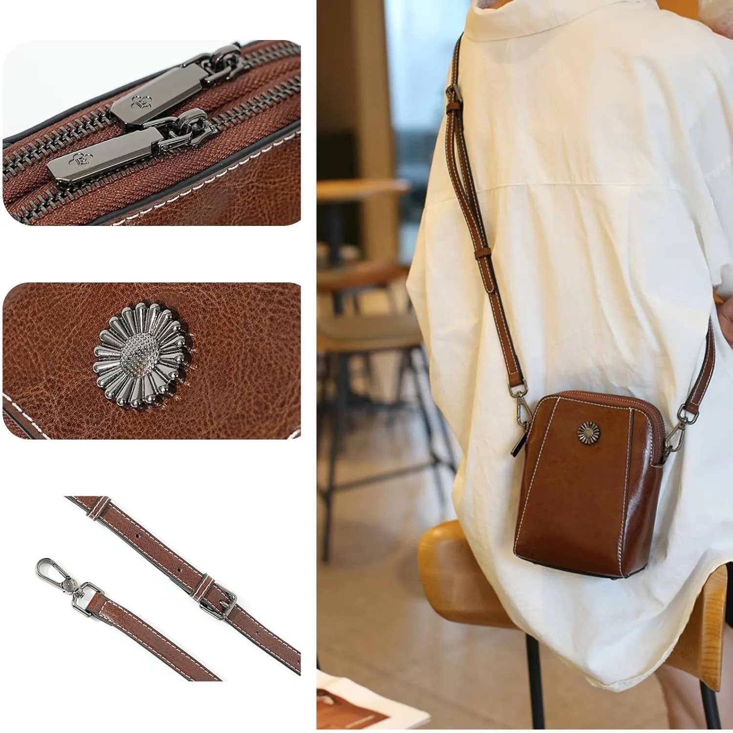 Elmyse Small Crossbody Bag Leather, Genuine Leather Purses for Women, Retro All-Match Vertical Cellphone Bag