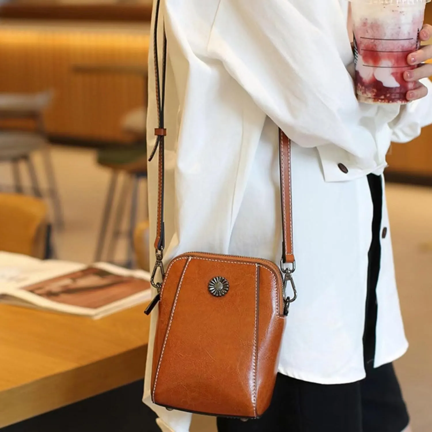 Elmyse Small Crossbody Bag Leather, Genuine Leather Purses for Women, Retro All-Match Vertical Cellphone Bag