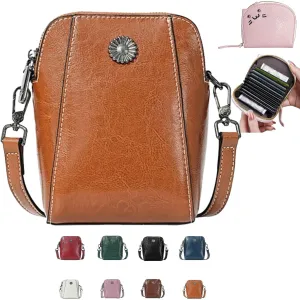 Elmyse Small Crossbody Bag Leather, Genuine Leather Purses for Women, Retro All-Match Vertical Cellphone Bag