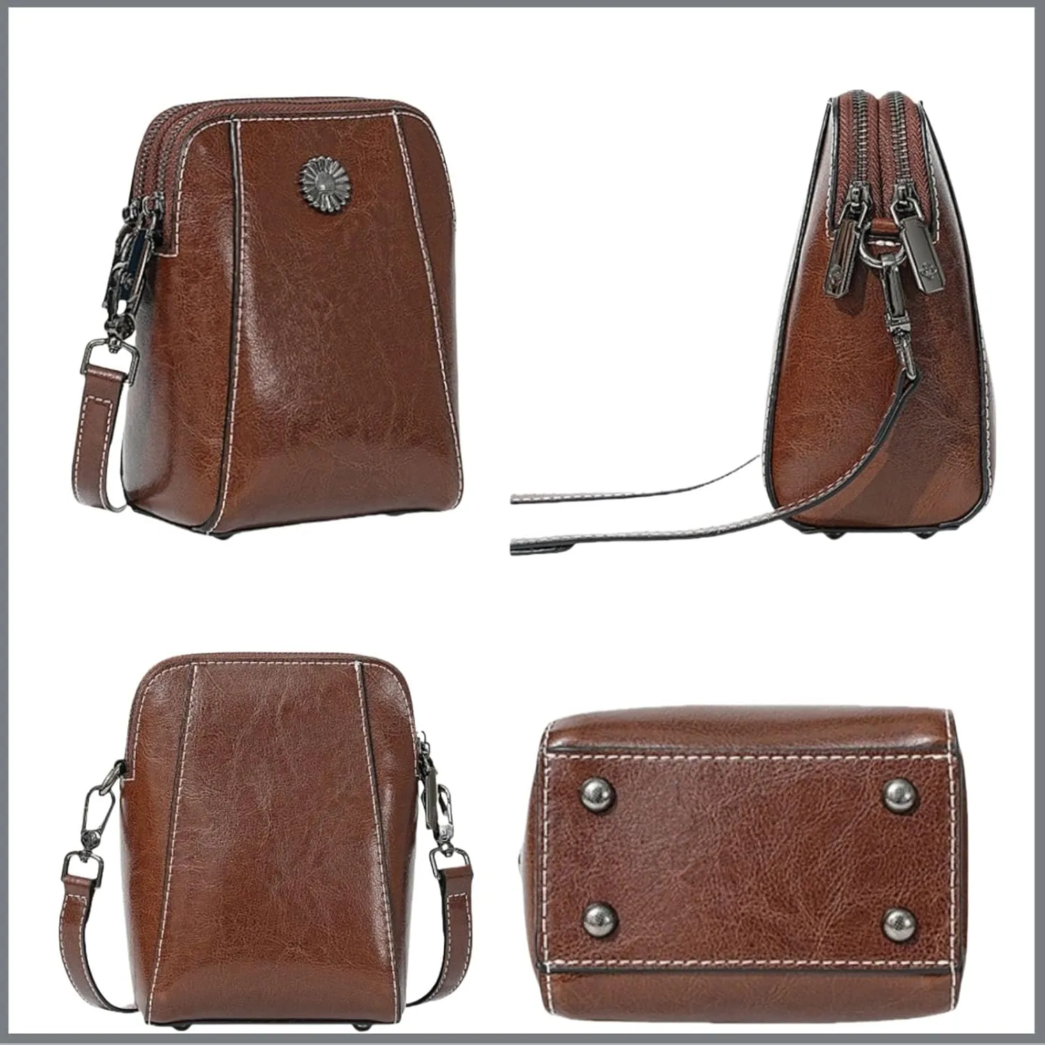 Elmyse Small Crossbody Bag Leather, Genuine Leather Purses for Women, Retro All-Match Vertical Cellphone Bag
