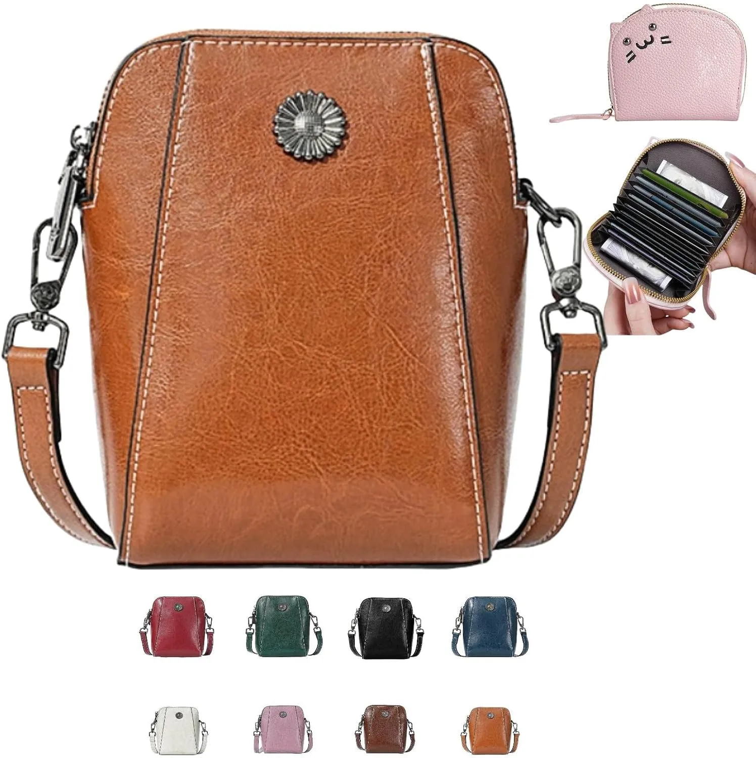 Elmyse Small Crossbody Bag Leather, Genuine Leather Purses for Women, Retro All-Match Vertical Cellphone Bag