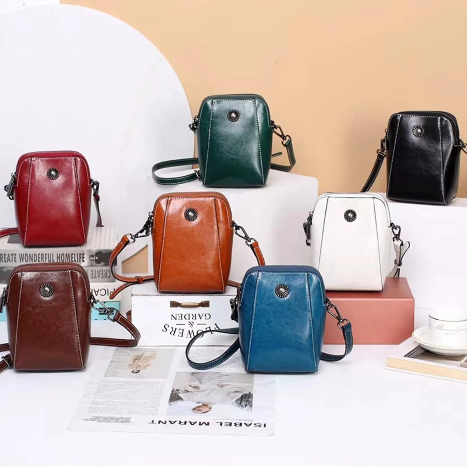 Elmyse Small Crossbody Bag Leather, Genuine Leather Purses for Women, Retro All-Match Vertical Cellphone Bag