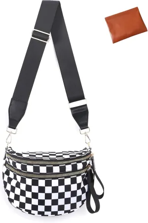 Emmafy Crossbody Bags for Women, Black And White Checkered Crossbody Bag for Women, Spacious Checkered Purse Fanny Pack