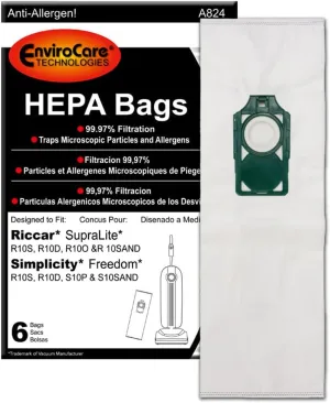 EnviroCare Replacement HEPA Vacuum Cleaner Bags Designed to fit Riccar SupraLite and Simplicity Freedom Upright Vacuums with Green Bag Holder 6 Pack