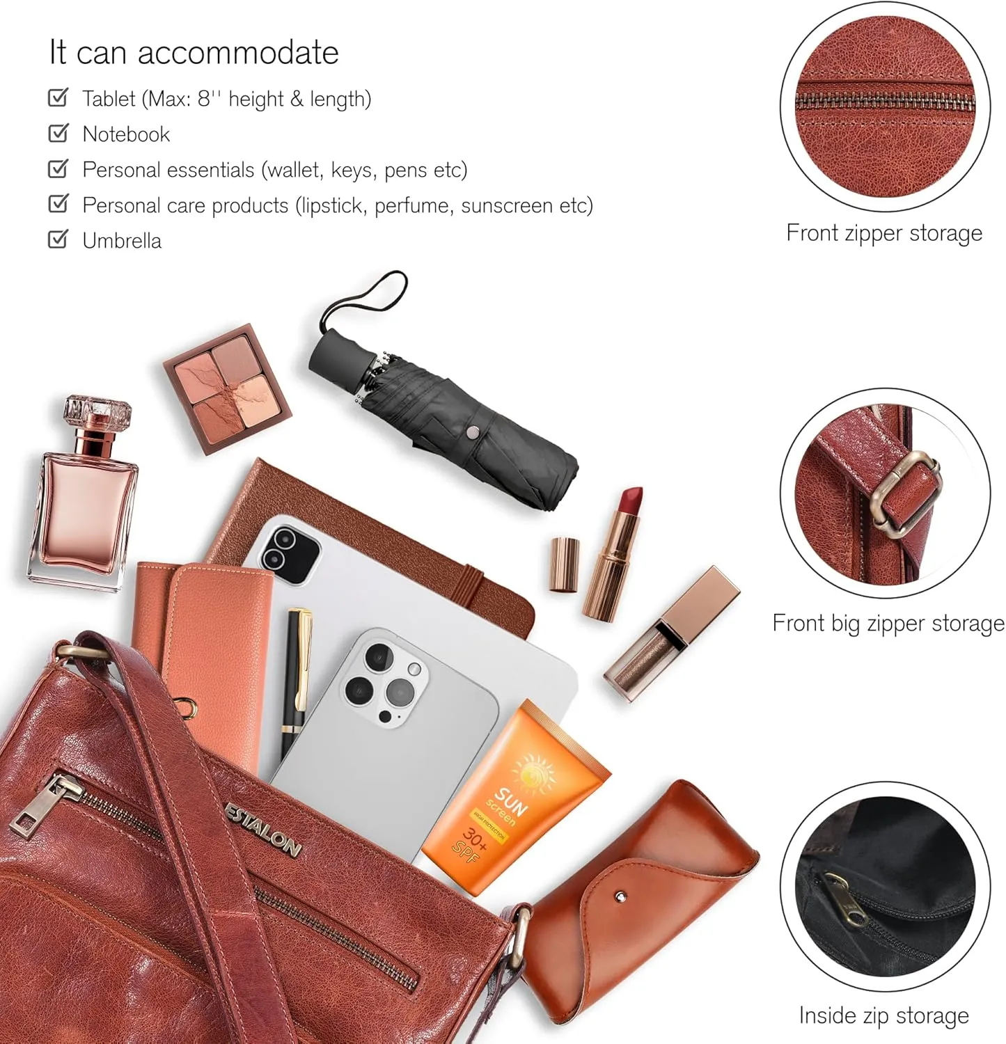 ESTALON Women's Real Leather Crossbody Purse With Adjustable Sling Strap - Medium Size Crossover Shoulder Hand Bag