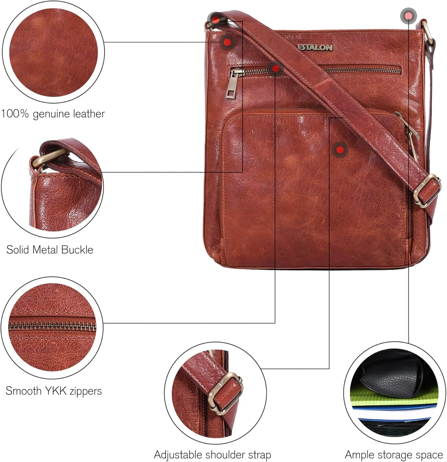 ESTALON Women's Real Leather Crossbody Purse With Adjustable Sling Strap - Medium Size Crossover Shoulder Hand Bag