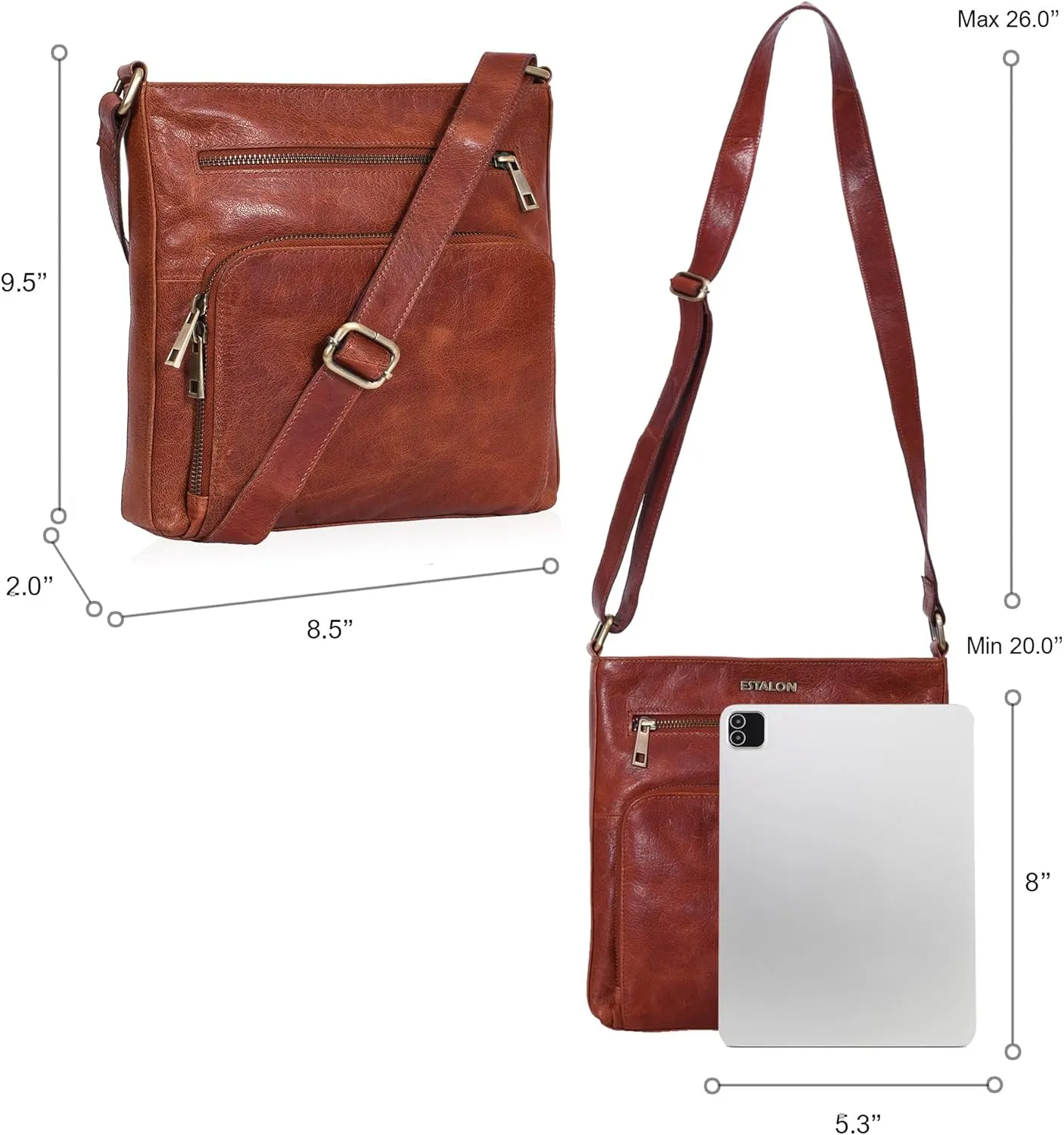 ESTALON Women's Real Leather Crossbody Purse With Adjustable Sling Strap - Medium Size Crossover Shoulder Hand Bag