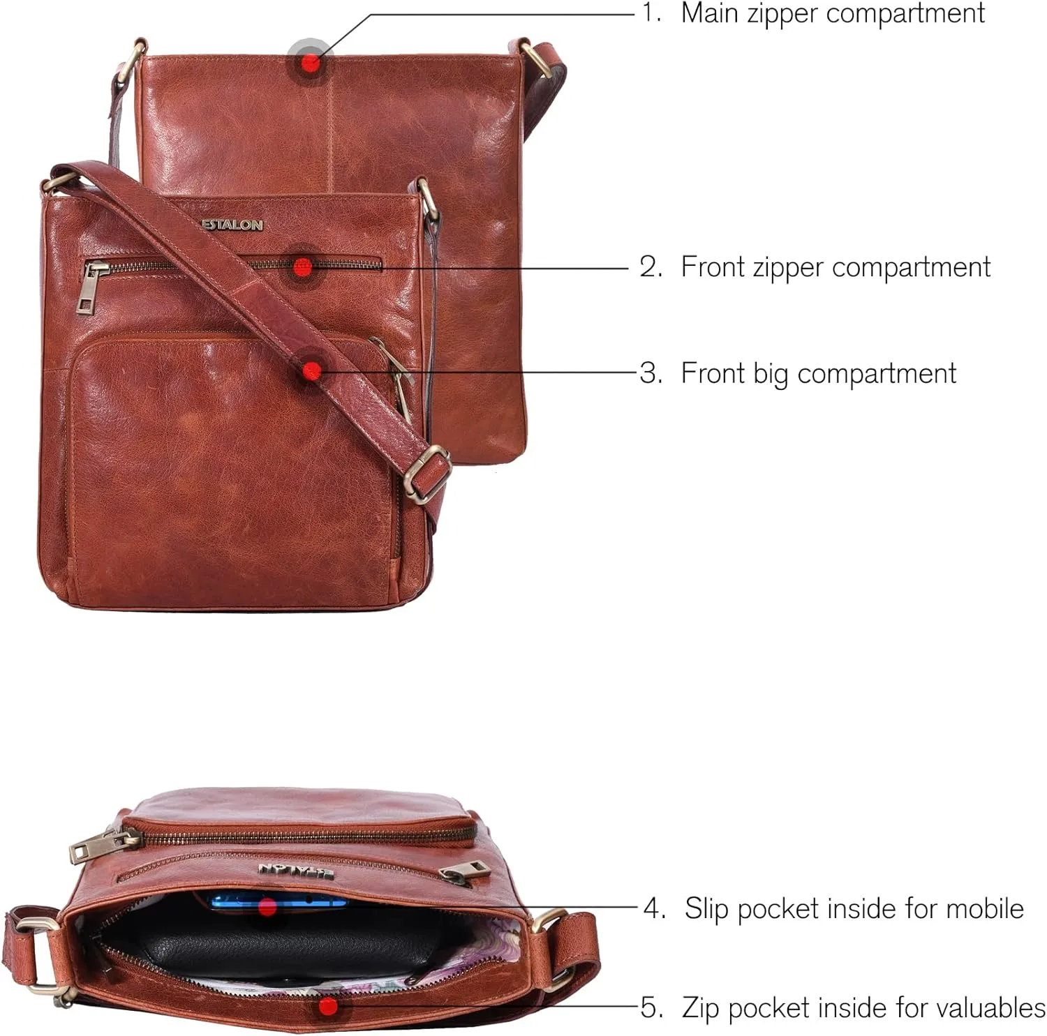 ESTALON Women's Real Leather Crossbody Purse With Adjustable Sling Strap - Medium Size Crossover Shoulder Hand Bag