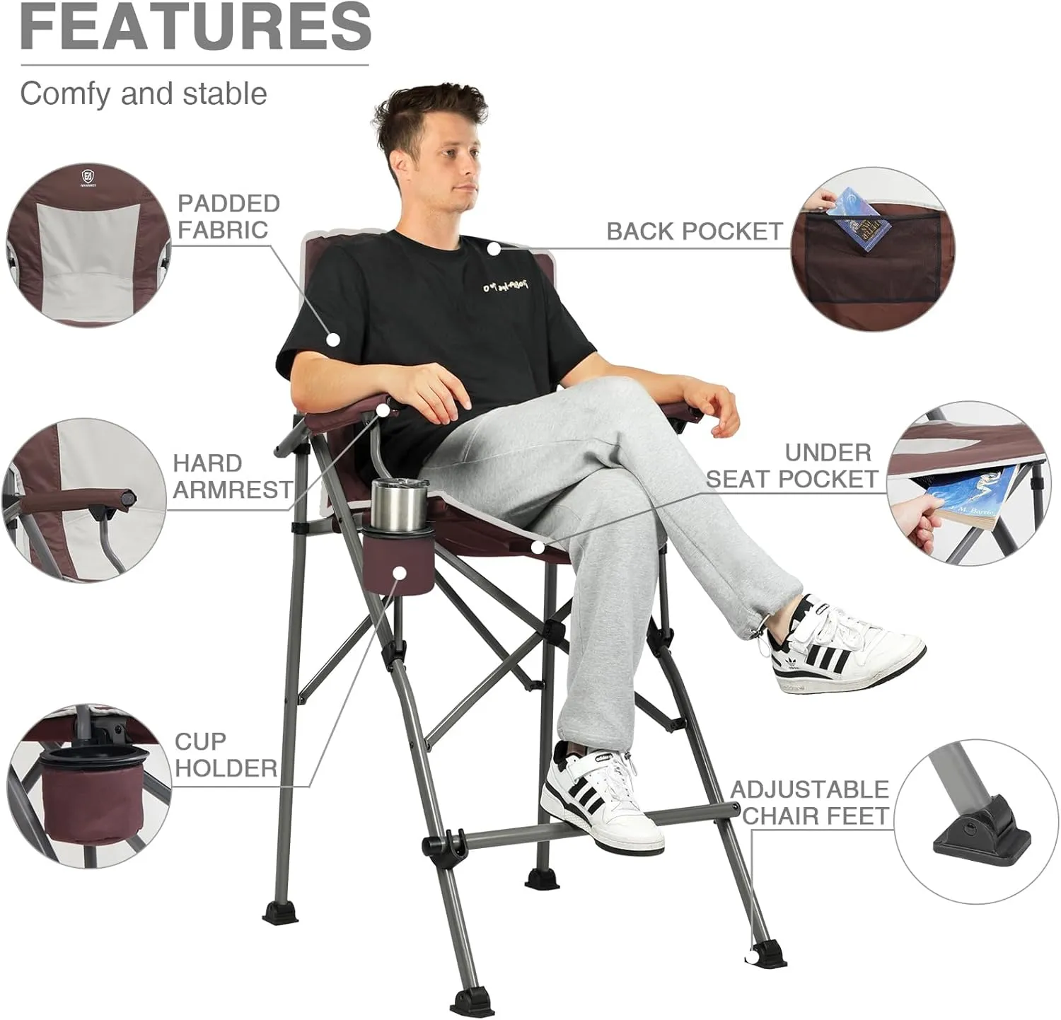 EVER ADVANCED Tall Folding Chair 31", Portable Directors Chair, Bar Height Camping Chair with Carry Bag and Footrest, Armrest, Heavy Duty Supports 300 Lbs Red