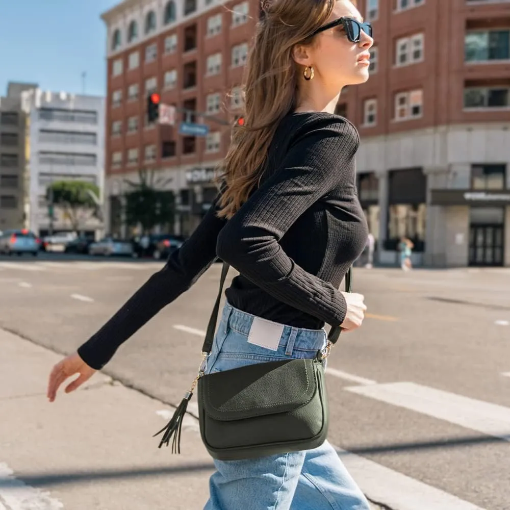 EVVE Small Crossbody Bags for Women Trendy Flap Saddle Purses with Tassel Vegan leather Shoulder bag