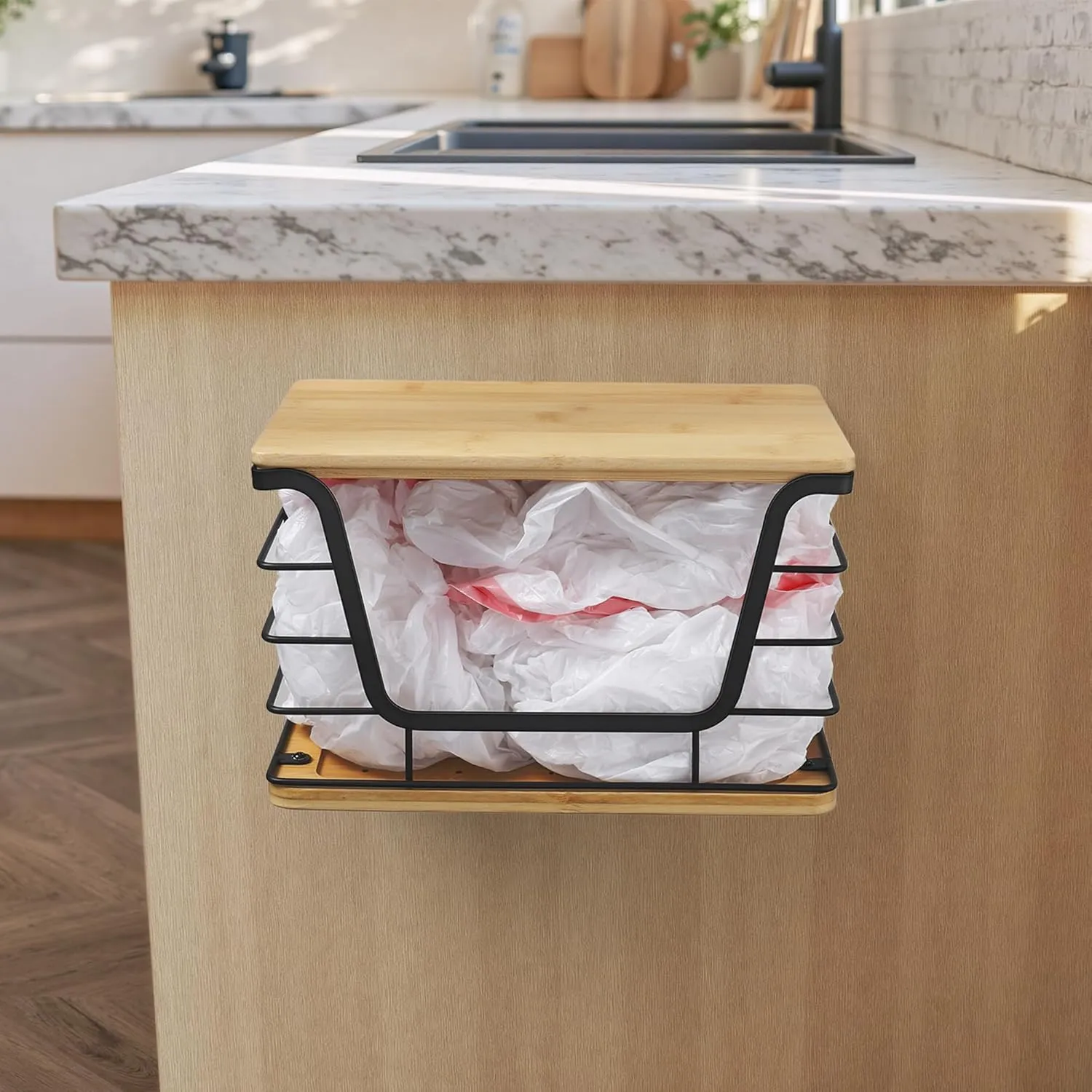 Extra Large Trash Bag Dispenser With Bamboo Top, Wall Mount Stainless Steel Garbage Bag Holder, Stackable Laundry Room Organization
