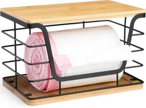 Extra Large Trash Bag Dispenser With Bamboo Top, Wall Mount Stainless Steel Garbage Bag Holder, Stackable Laundry Room Organization